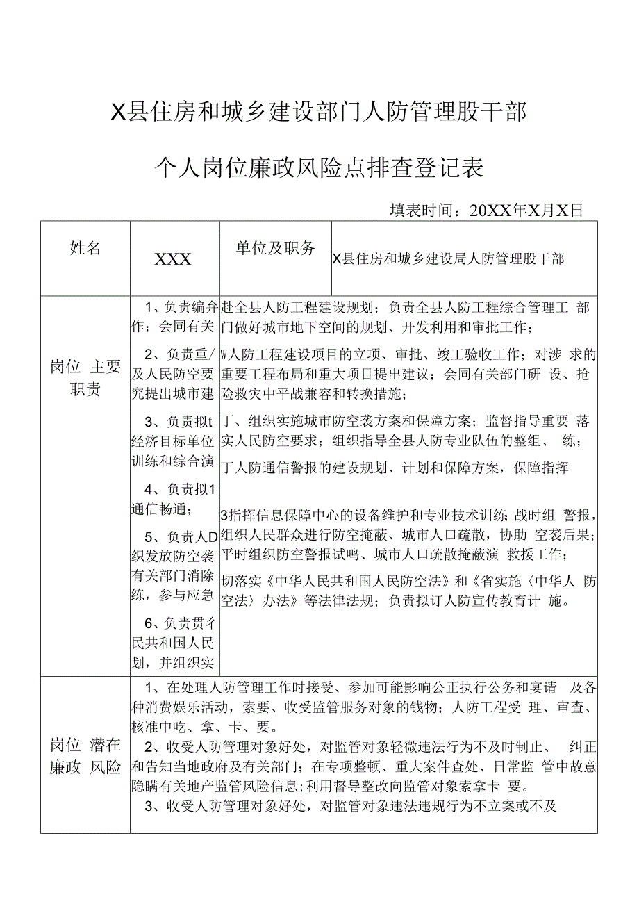 X县住房和城乡建设部门人防管理股干部个人岗位廉政风险点排查登记表.docx_第1页