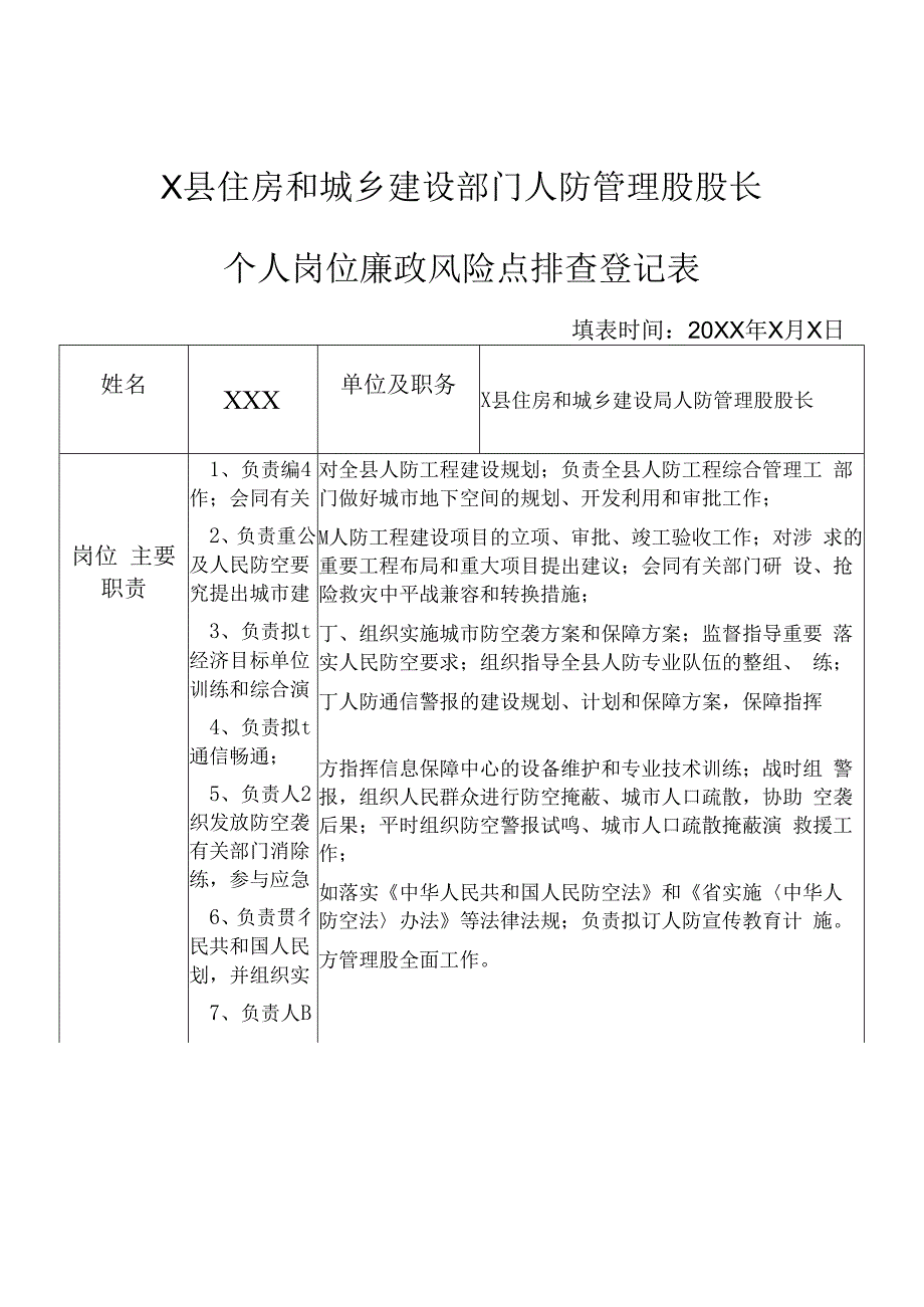 X县住房和城乡建设部门人防管理股股长个人岗位廉政风险点排查登记表.docx_第1页