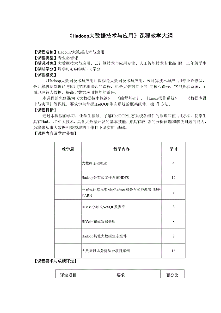 《Hadoop大数据技术与应用》教学大纲.docx_第1页