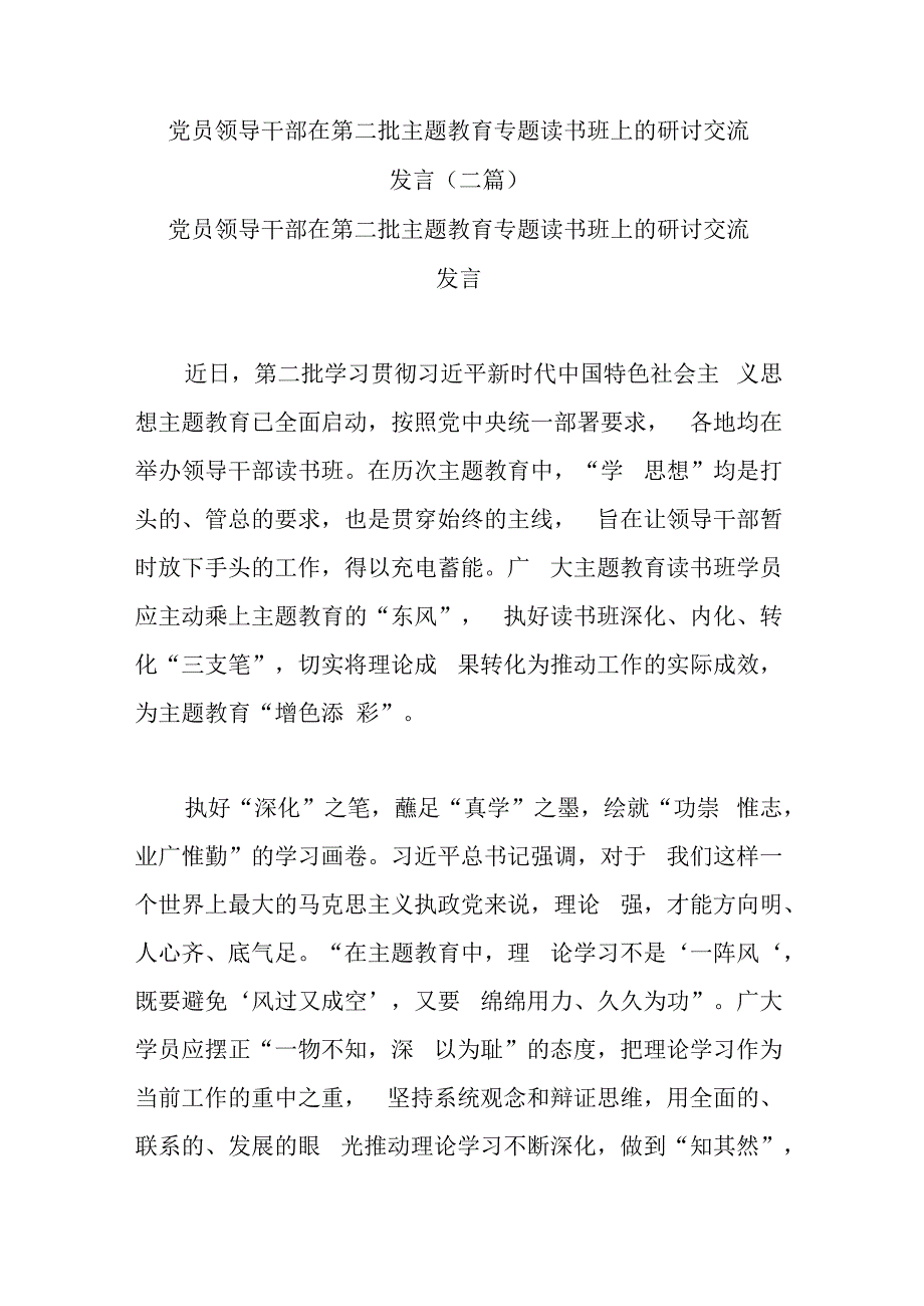 党员领导干部在第二批主题教育专题读书班上的研讨交流发言(二篇).docx_第1页