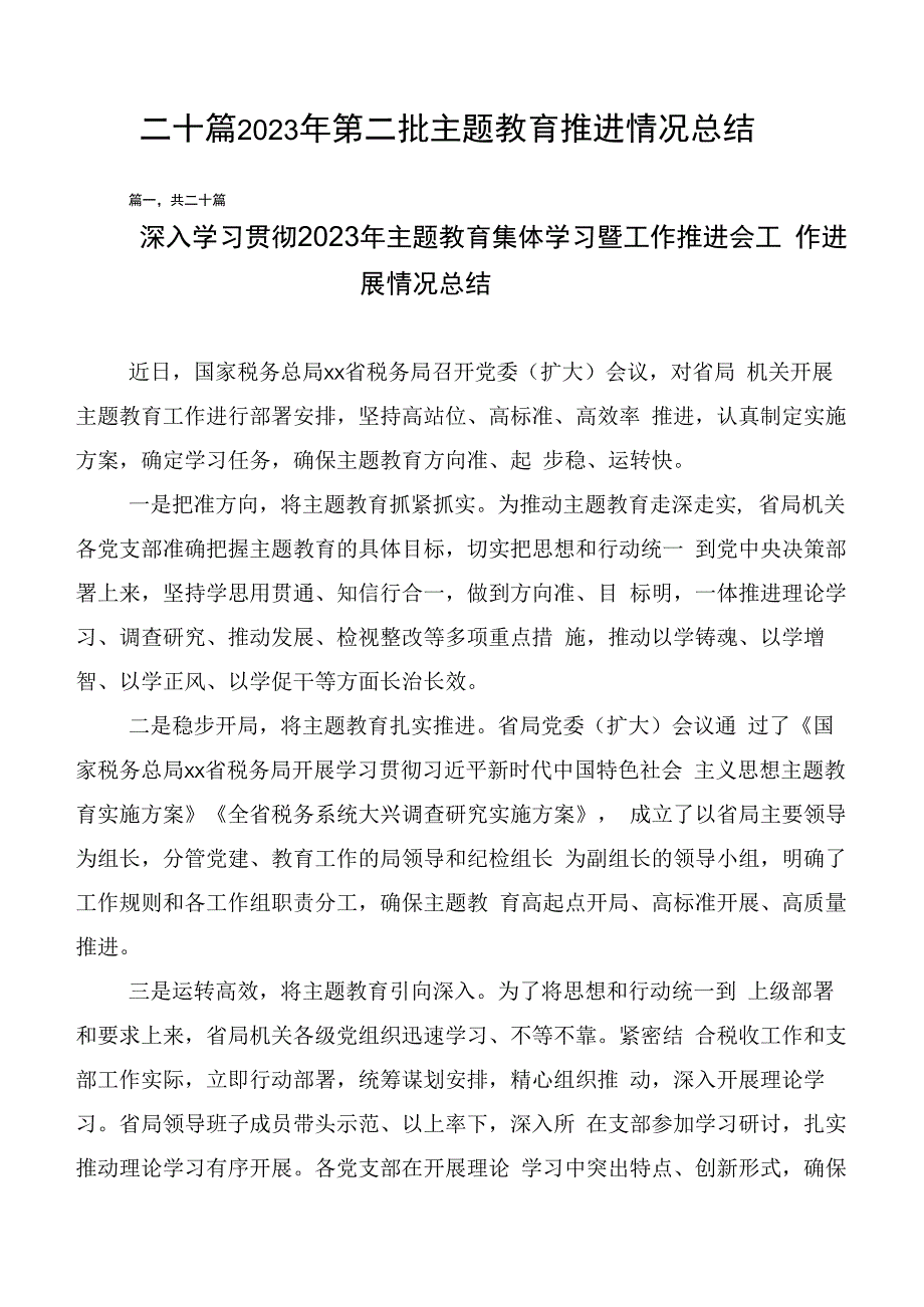 二十篇2023年第二批主题教育推进情况总结.docx_第1页