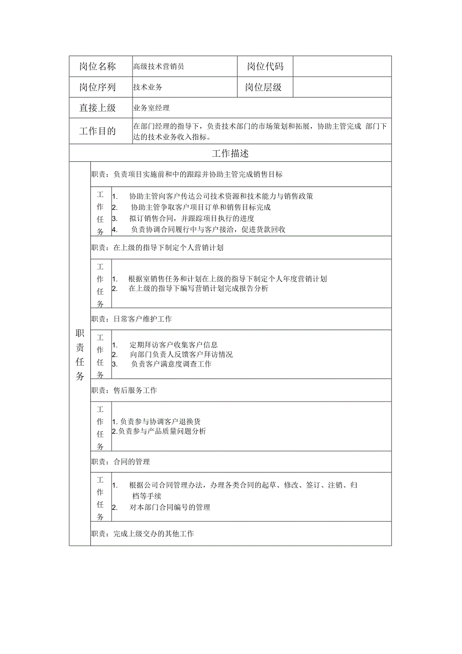 高级技术营销员岗位职责说明书.docx_第1页