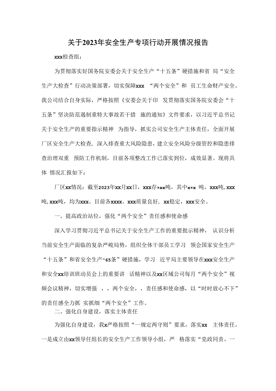 关于2023年安全生产专项行动开展情况报告.docx_第1页