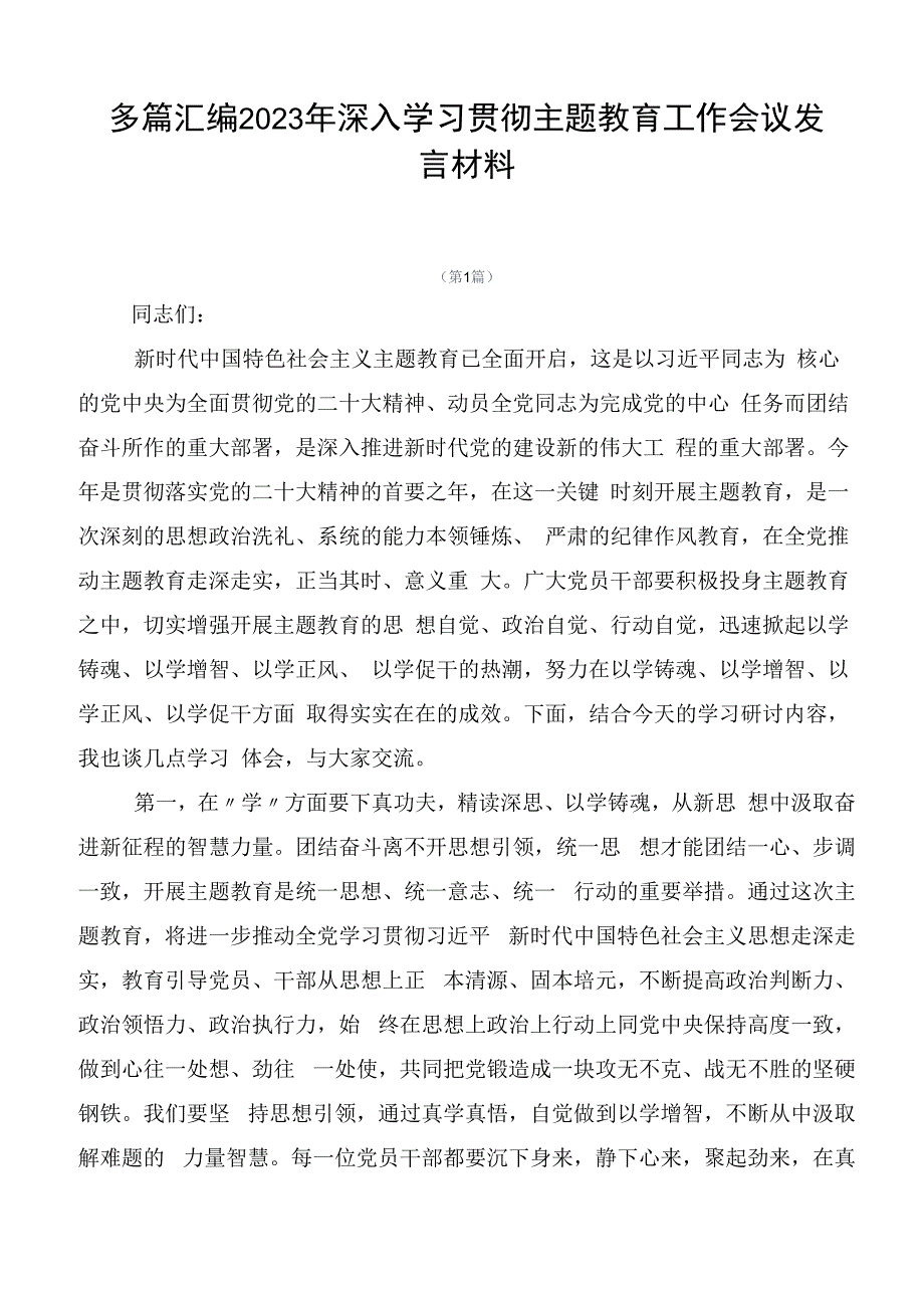 多篇汇编2023年深入学习贯彻主题教育工作会议发言材料.docx_第1页