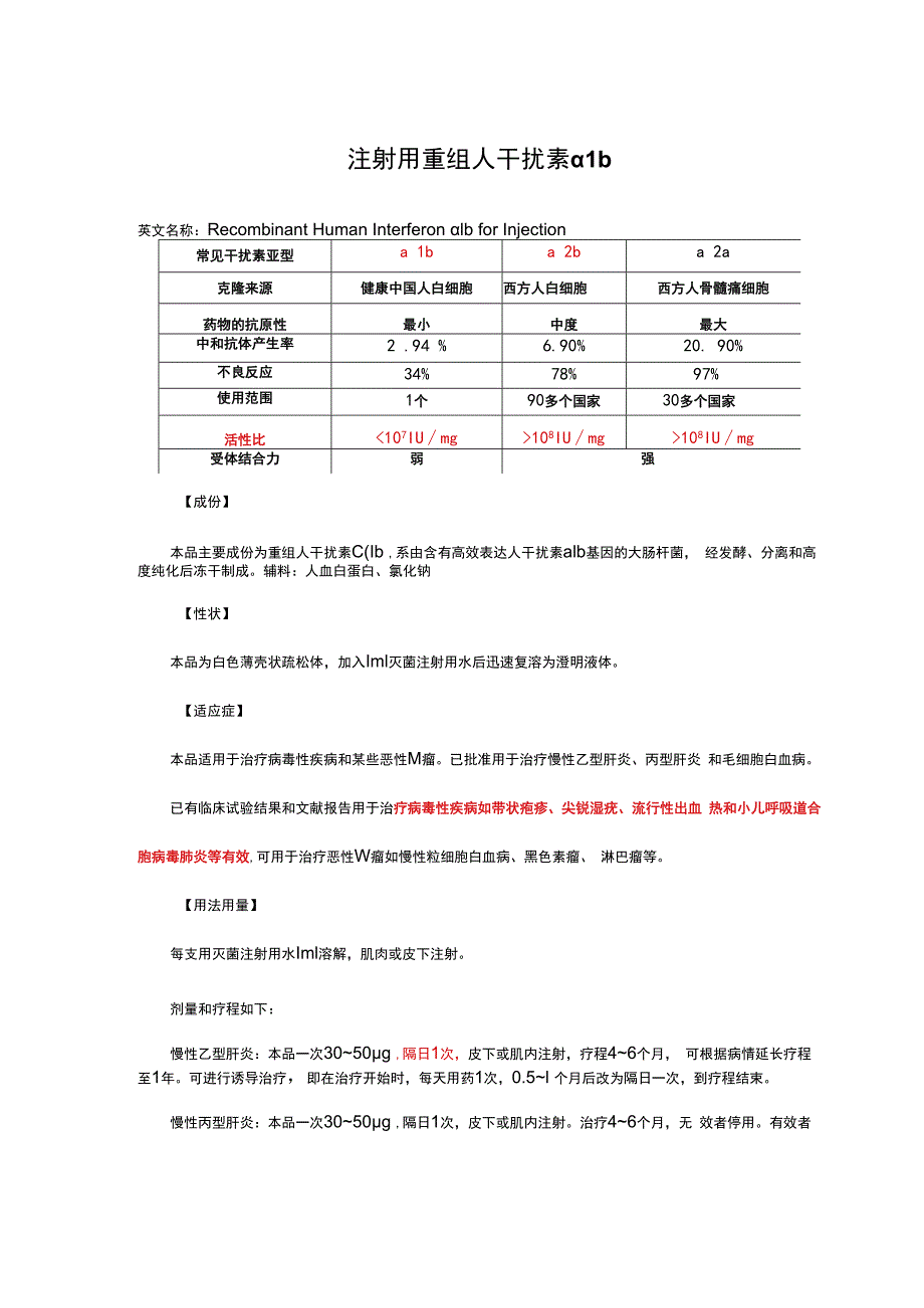 （优质）注射用重组人干扰素α1b-详细说明书及重点.docx_第1页