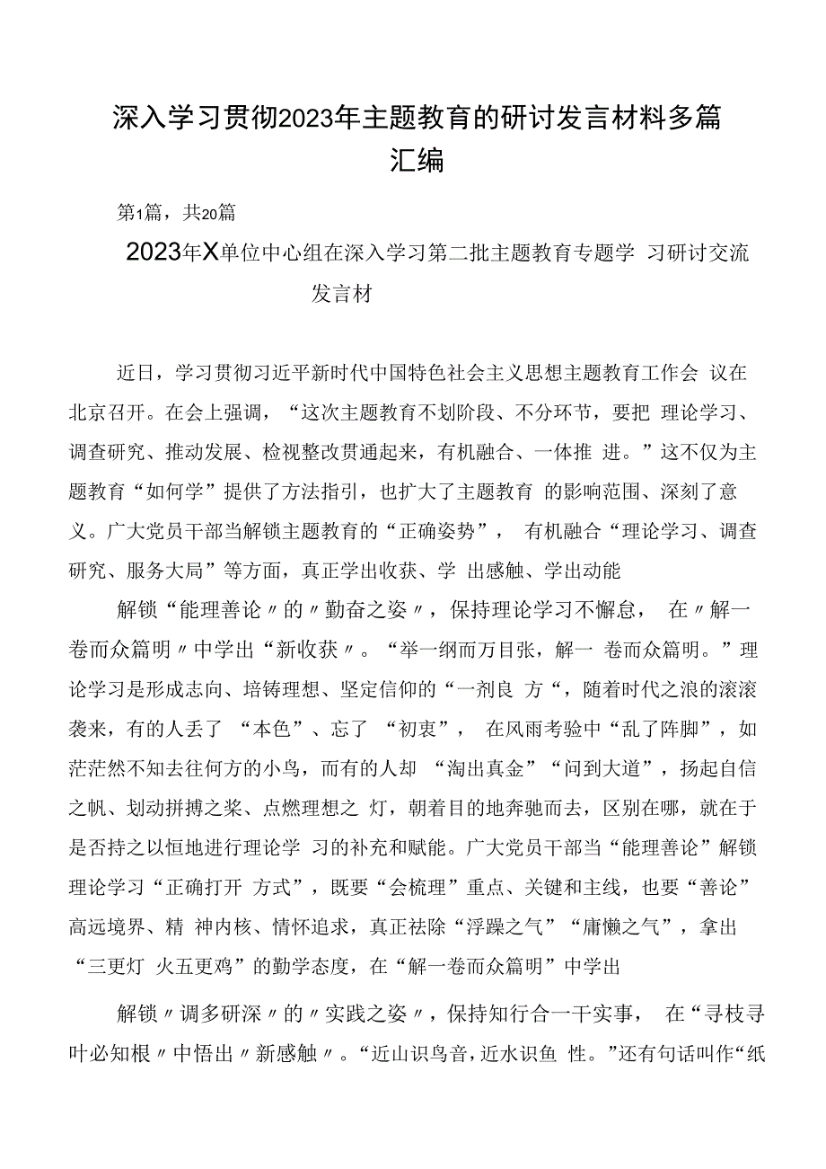 深入学习贯彻2023年主题教育的研讨发言材料多篇汇编.docx_第1页