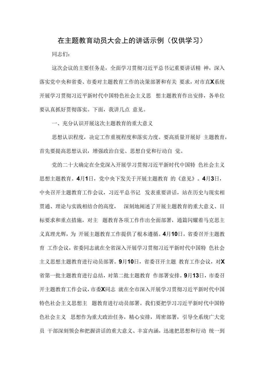 在主题教育动员大会上的讲话示例.docx_第1页