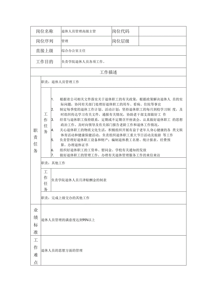 退休人员管理高级主管岗位职责说明书.docx_第1页