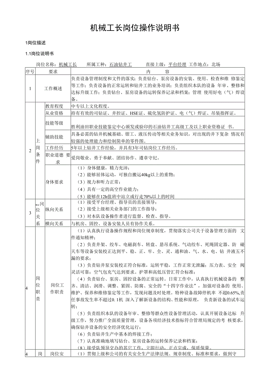 机械工长岗位操作说明书.docx_第1页