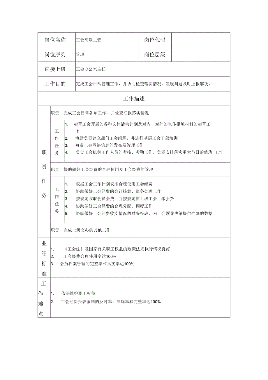 工会高级主管岗位职责说明书.docx_第1页