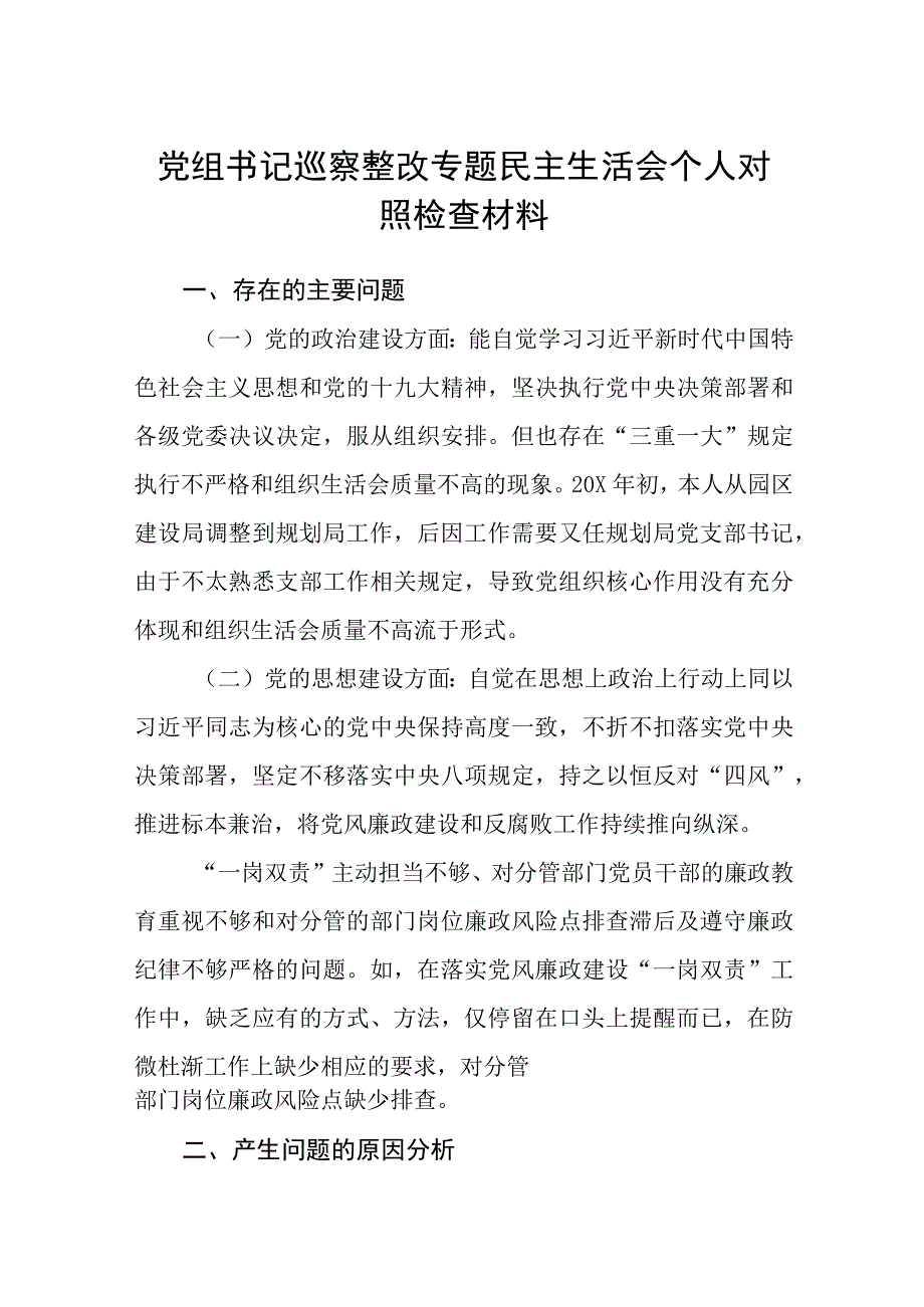 2023党组书记巡察整改专题民主生活会个人对照检查材料范文【五篇】汇编供参考.docx_第1页