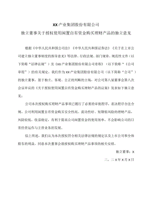 XX产业集团股份有限公司独立董事关于授权使用闲置自有资金购买理财产品的独立意见.docx