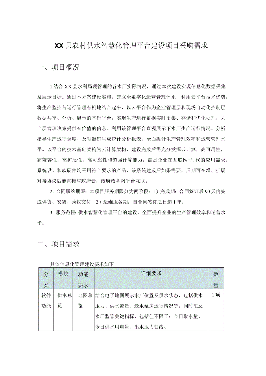 XX县农村供水智慧化管理平台建设项目采购需求.docx_第1页