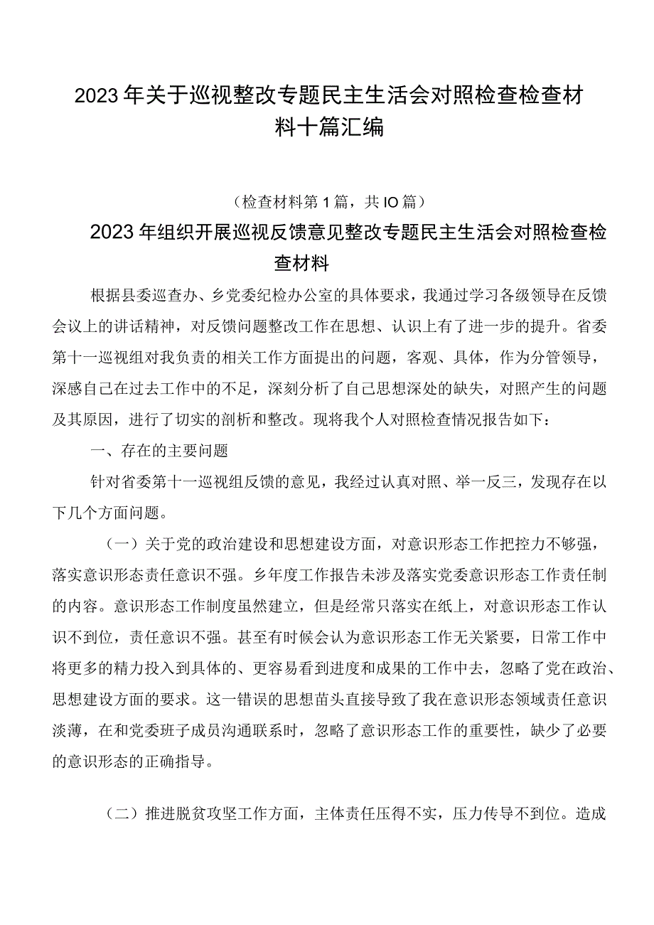 2023年关于巡视整改专题民主生活会对照检查检查材料十篇汇编.docx_第1页