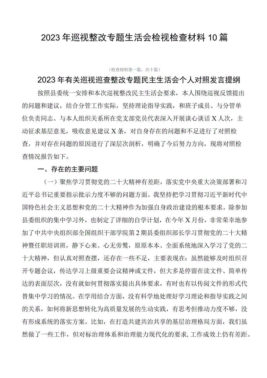 2023年巡视整改专题生活会检视检查材料10篇.docx_第1页