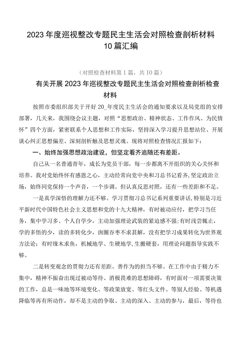 2023年度巡视整改专题民主生活会对照检查剖析材料10篇汇编.docx_第1页