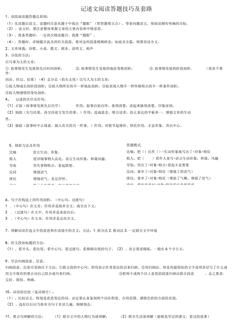 (完整版)小学记叙文阅读答题技巧及套路.docx_第1页