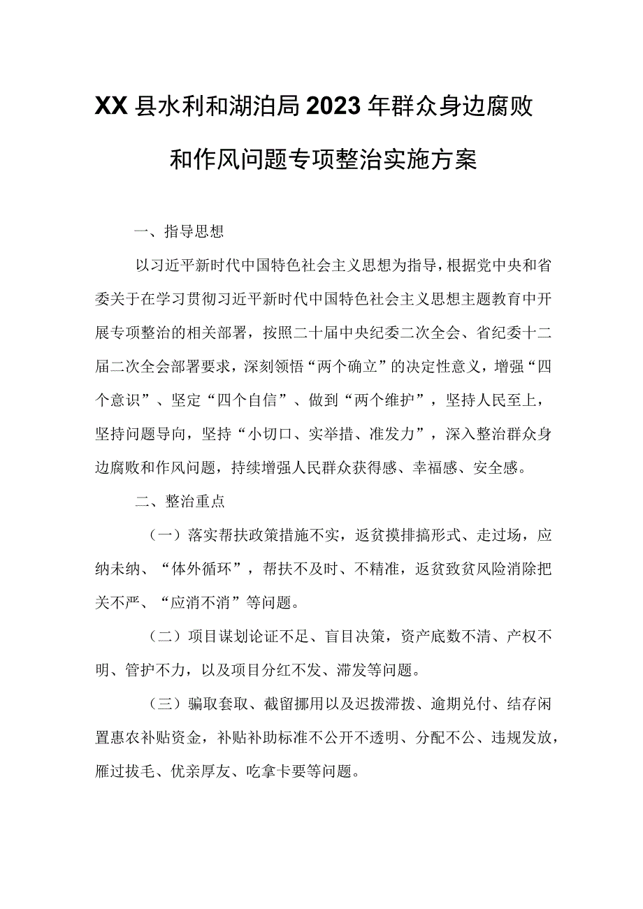 XX县水利和湖泊局2023年群众身边腐败和作风问题专项整治实施方案.docx_第1页