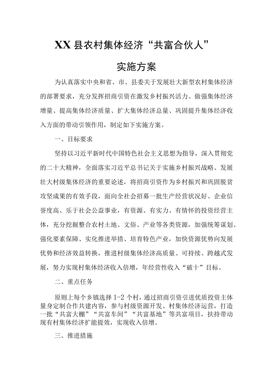 XX县农村集体经济“共富合伙人”实施方案.docx_第1页