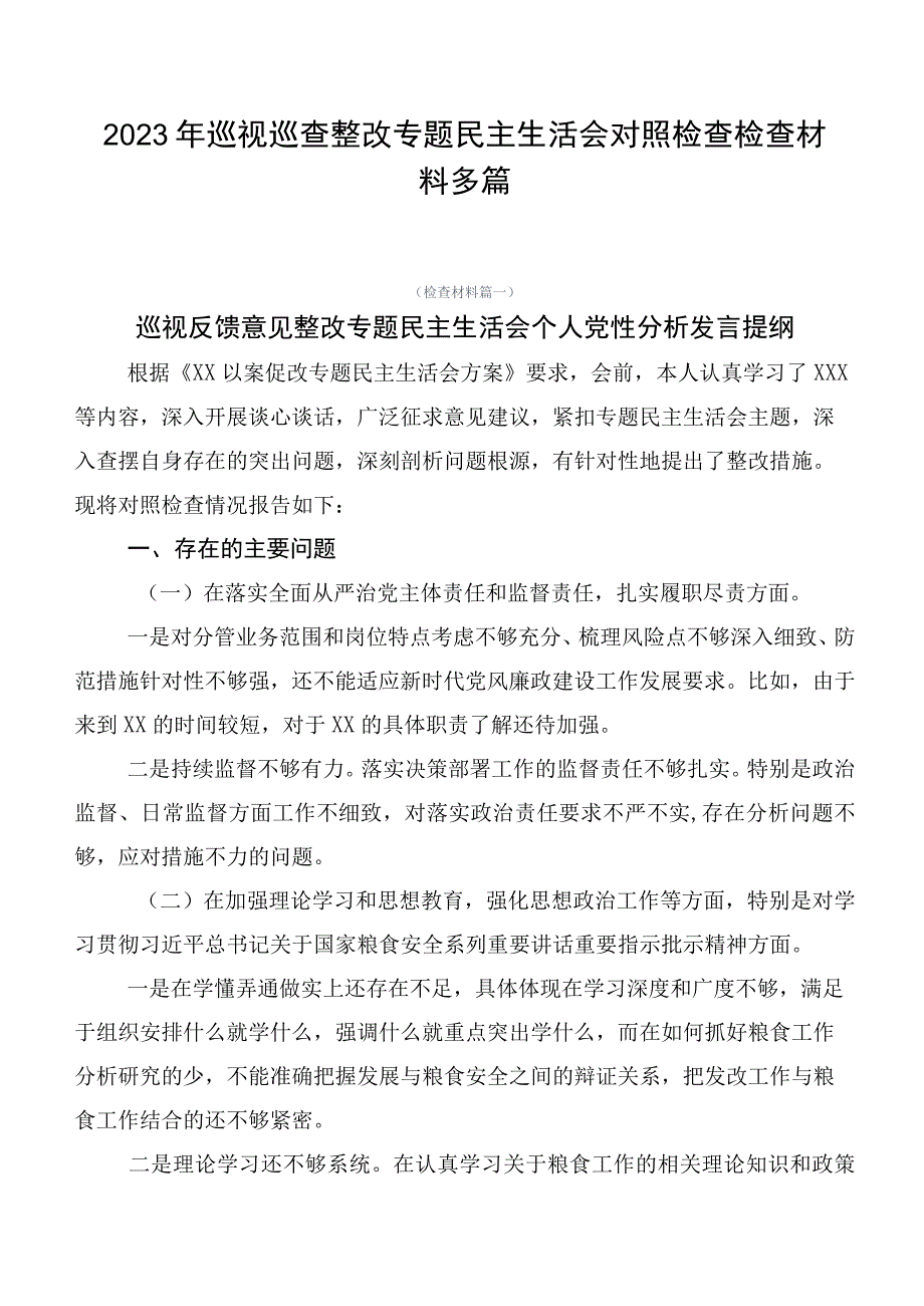 2023年巡视巡查整改专题民主生活会对照检查检查材料多篇.docx_第1页