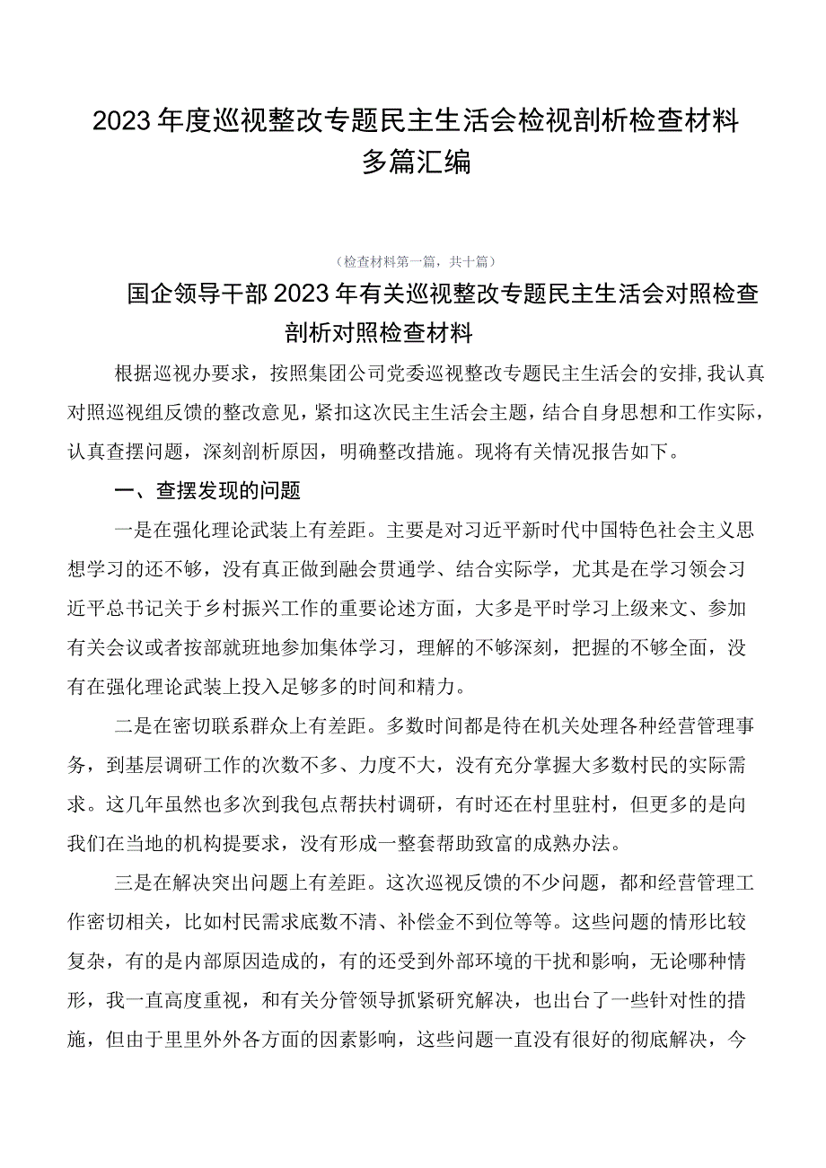 2023年度巡视整改专题民主生活会检视剖析检查材料多篇汇编.docx_第1页