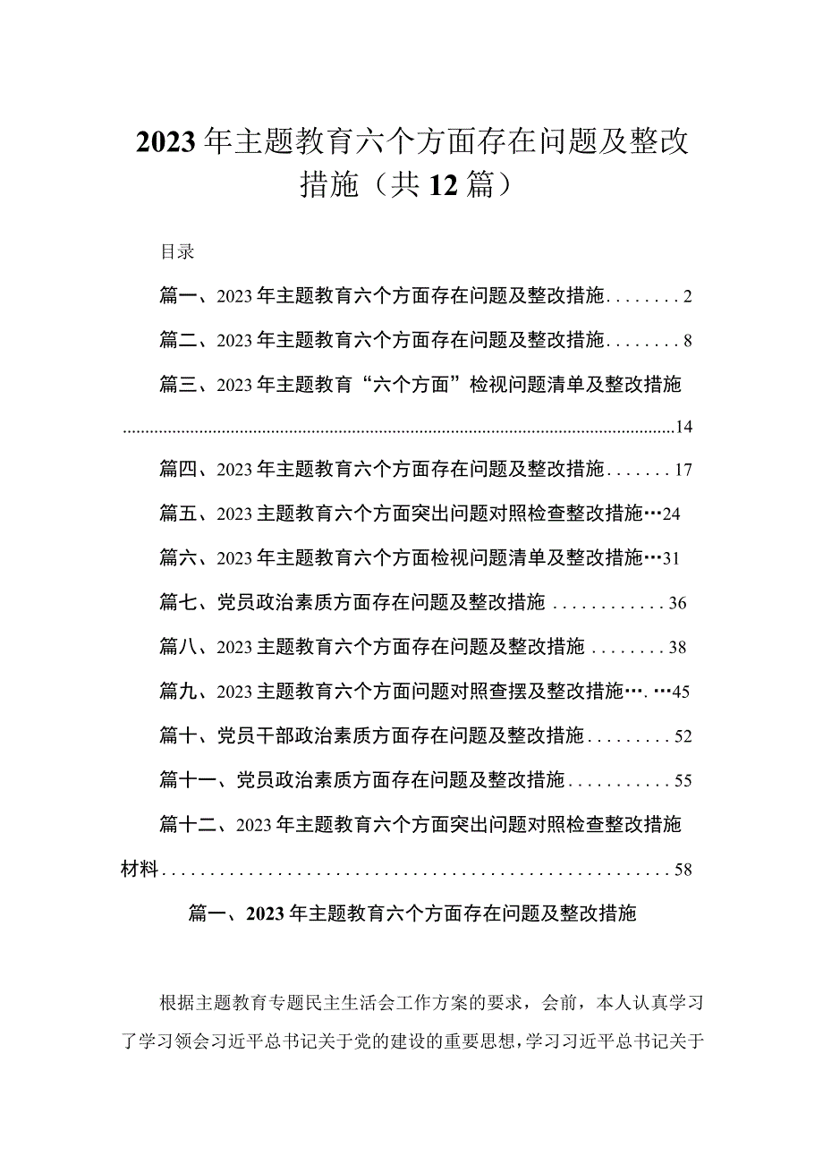 2023年主题教育六个方面存在问题及整改措施（共12篇）.docx_第1页