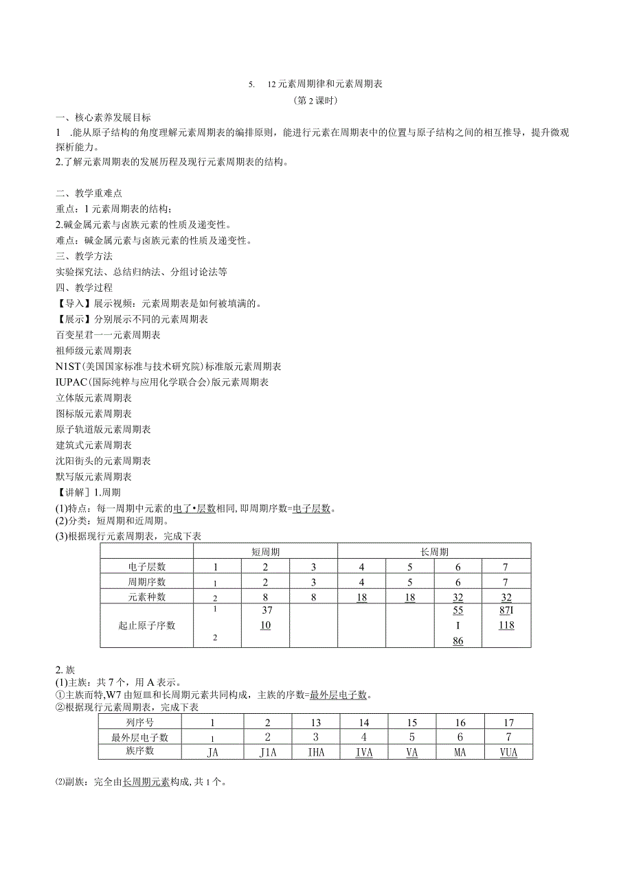 2023-2024学年苏教版2019必修第一册同步教案 5-1-2元素周期律和元素周期表（第2课时 元素周期表）.docx_第1页