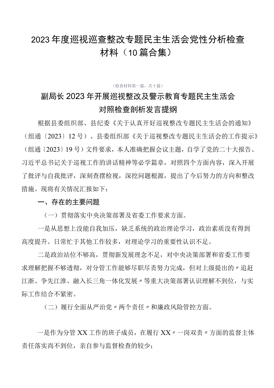 2023年度巡视巡查整改专题民主生活会党性分析检查材料（10篇合集）.docx_第1页