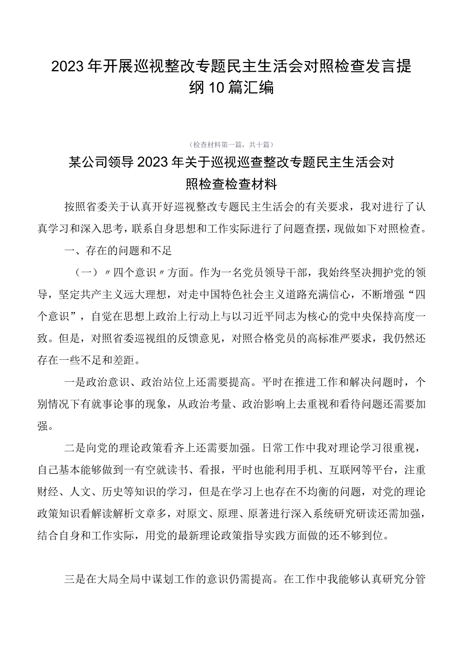 2023年开展巡视整改专题民主生活会对照检查发言提纲10篇汇编.docx_第1页