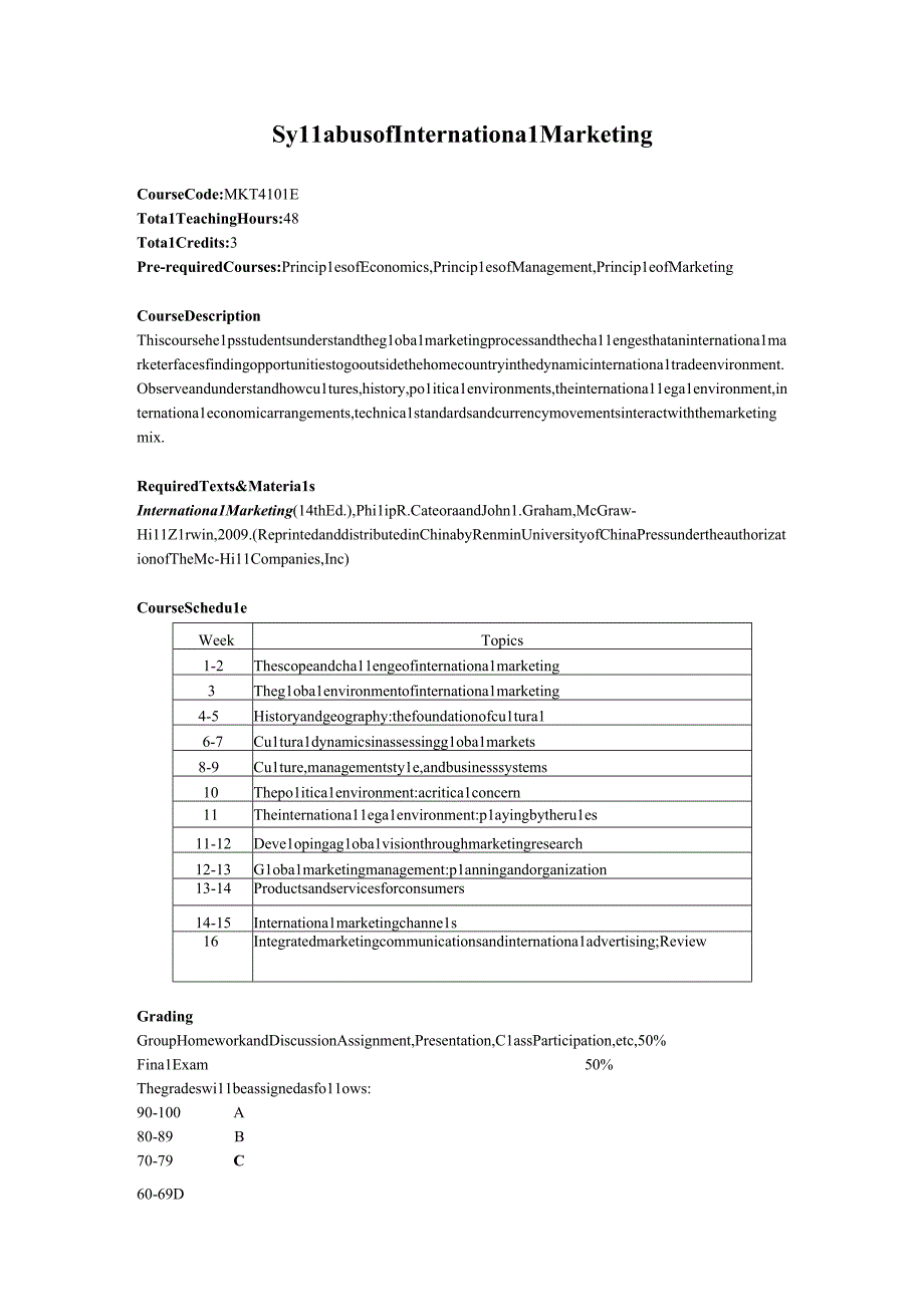 【国际经贸专业英文教学大纲】Syllabus-of-International-Marketing.docx_第1页