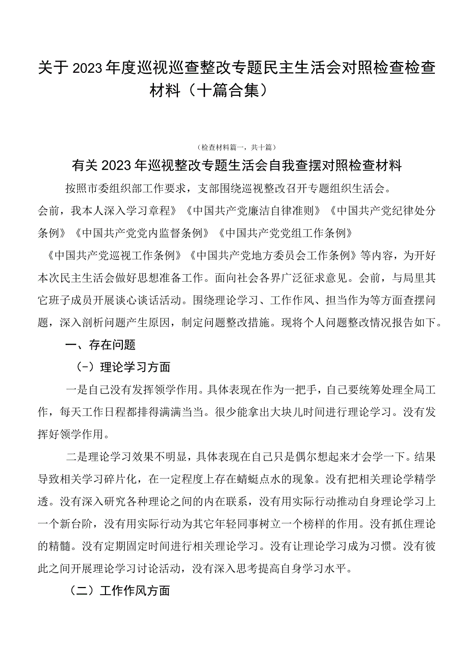 关于2023年度巡视巡查整改专题民主生活会对照检查检查材料（十篇合集）.docx_第1页