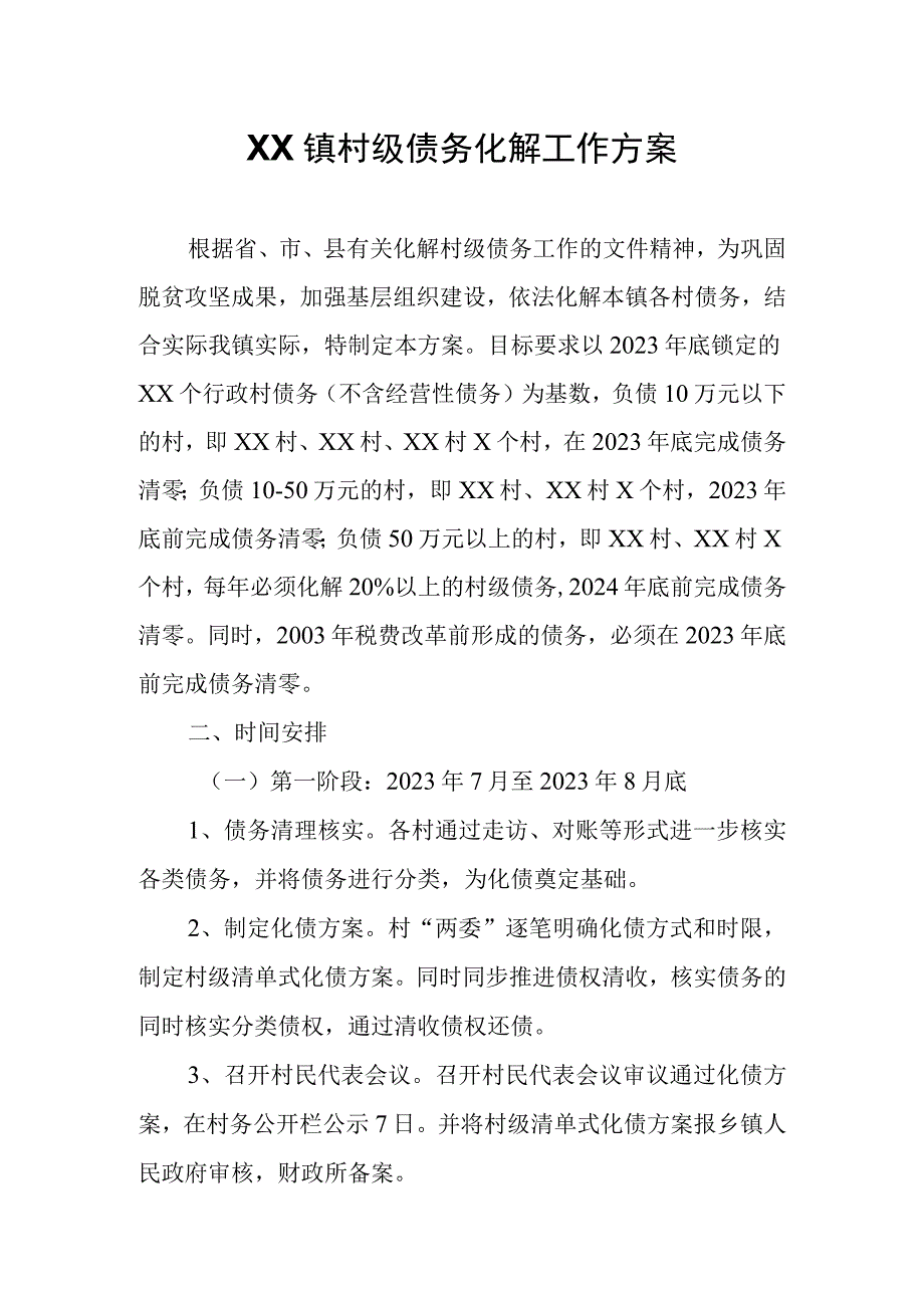 XX镇村级债务化解工作方案.docx_第1页