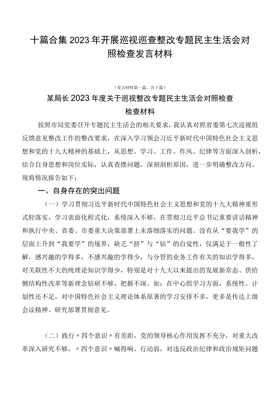 十篇合集2023年开展巡视巡查整改专题民主生活会对照检查发言材料.docx_第1页