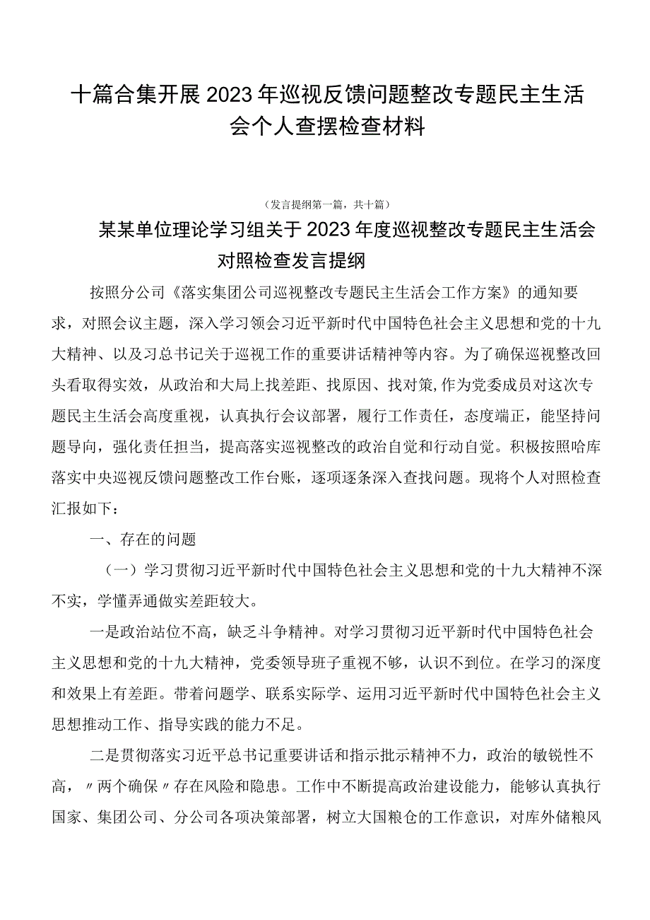 十篇合集开展2023年巡视反馈问题整改专题民主生活会个人查摆检查材料.docx_第1页