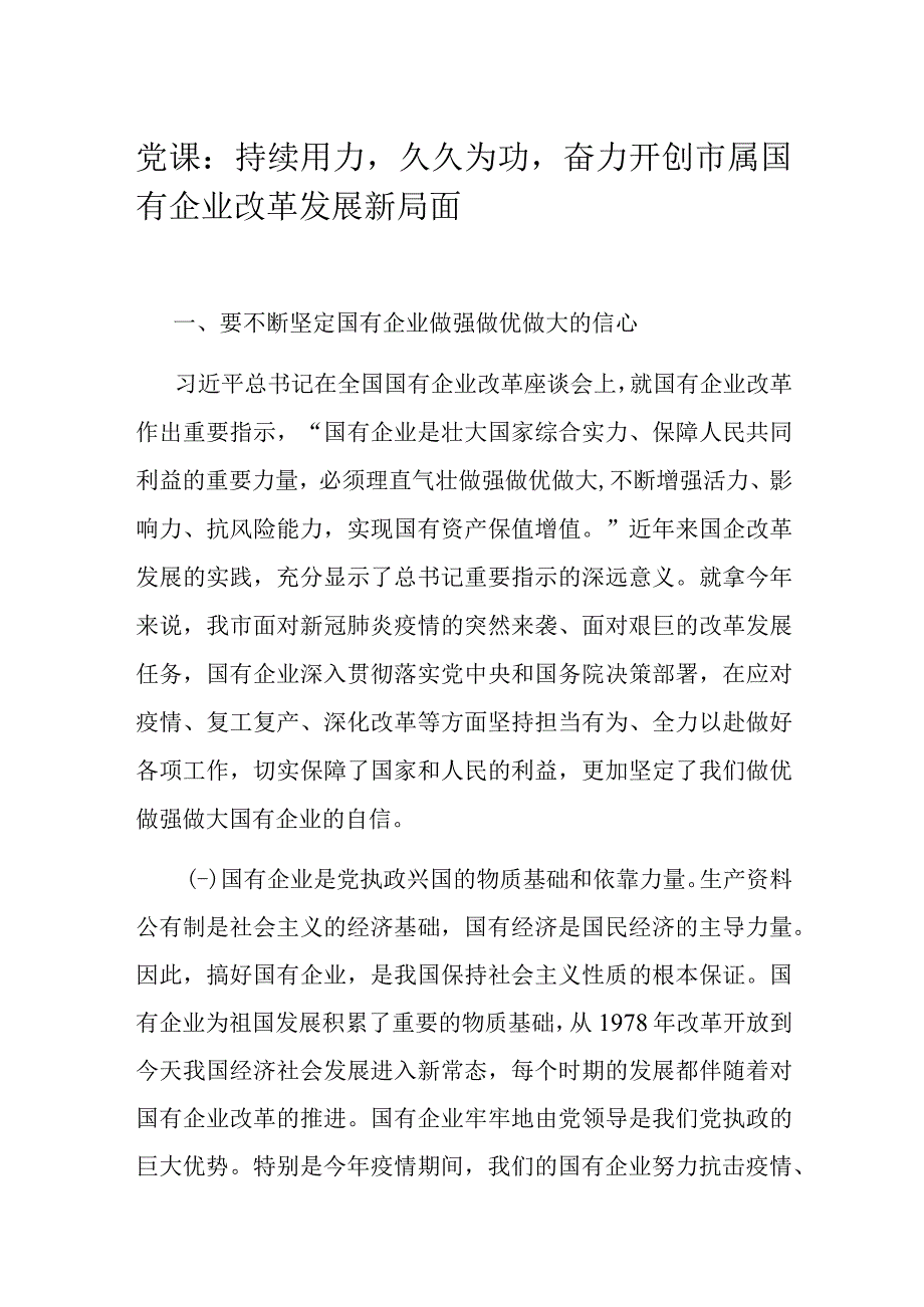 党课：持续用力久久为功奋力开创市属国有企业改革发展新局面.docx_第1页