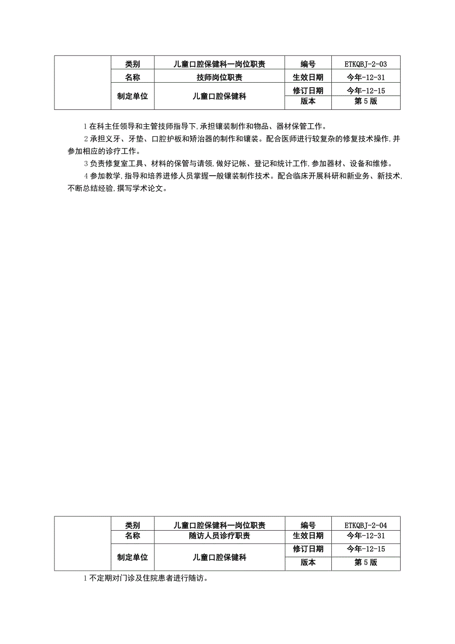 儿童口腔保健科医生技师岗位职责随访人员诊疗职责三甲资料修订版.docx_第3页