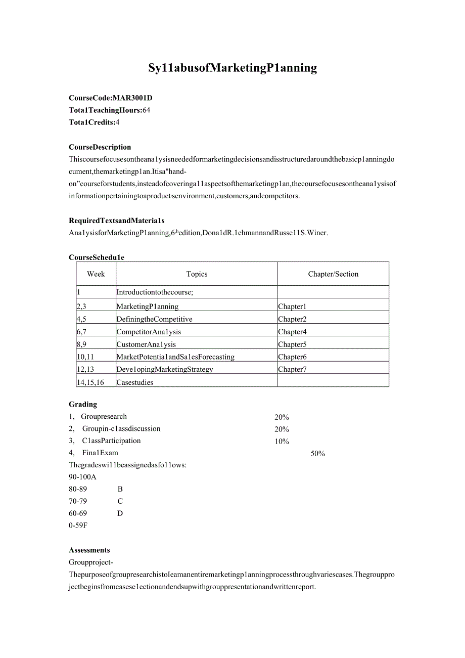 【国际经贸专业英文教学大纲】Syllabus-of-Marketing-Planning.docx_第1页