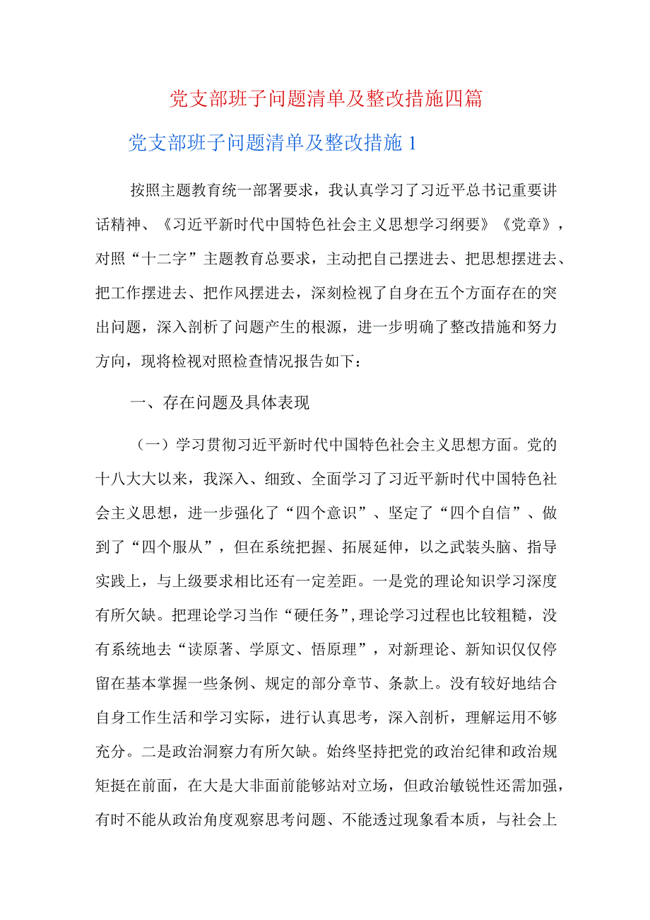 党支部班子问题清单及整改措施四篇.docx_第1页