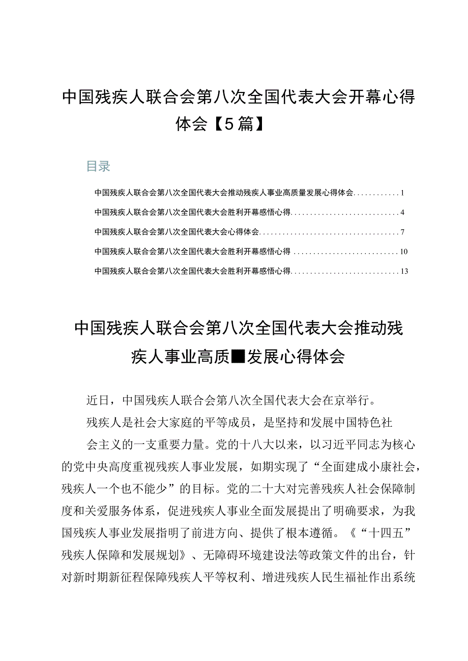 中国残疾人联合会第八次全国代表大会开幕心得体会【5篇】.docx_第1页