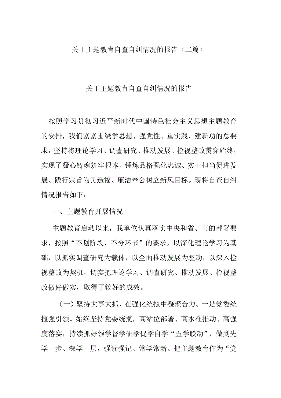 关于主题教育自查自纠情况的报告(二篇).docx_第1页