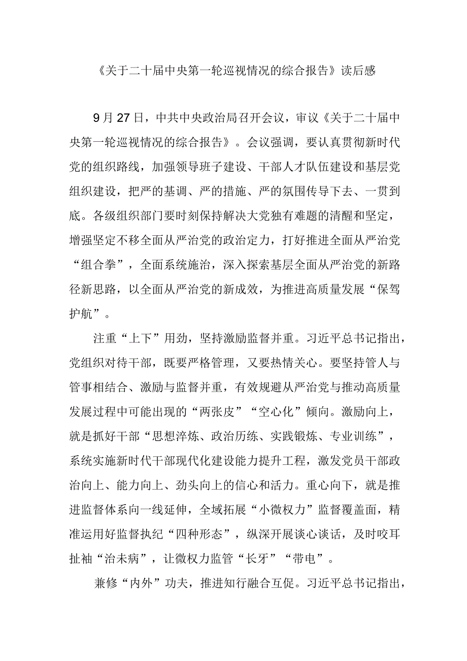 《关于二十届中央第一轮巡视情况的综合报告》读后感2篇.docx_第1页