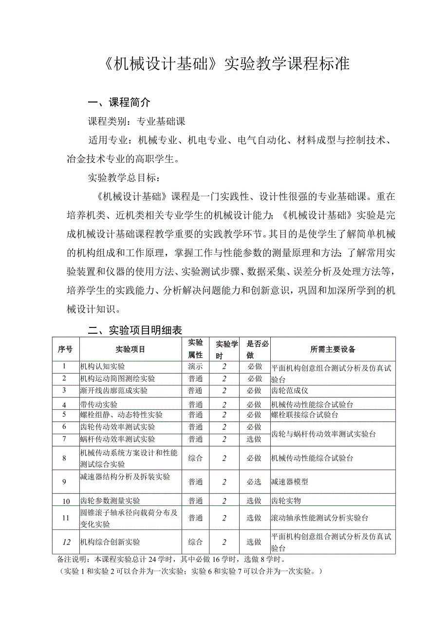 《机械设计基础》实验教学课程标准.docx_第1页