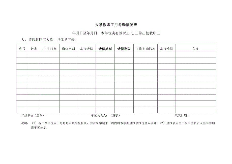 大学教职工月考勤情况表.docx_第1页