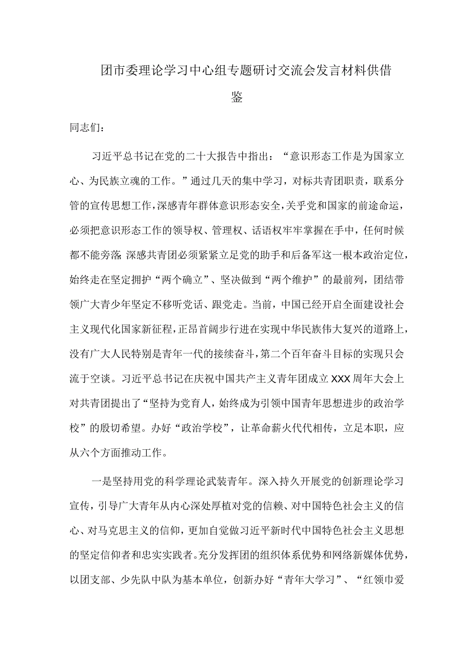 团市委理论学习中心组专题研讨交流会发言材料供借鉴.docx_第1页