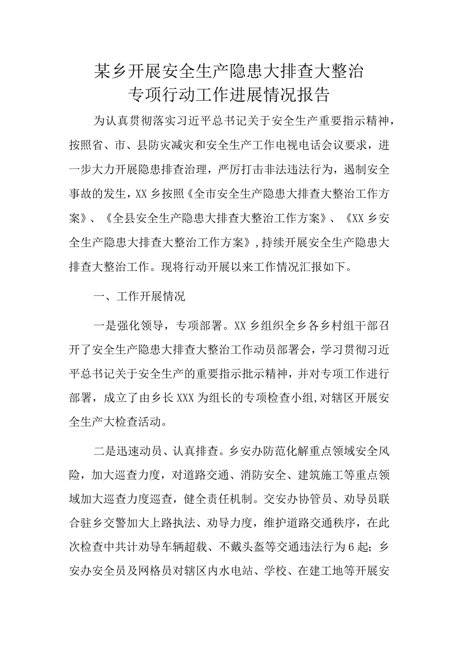 某乡开展安全生产隐患大排查大整治专项行动工作进展情况报告.docx_第1页