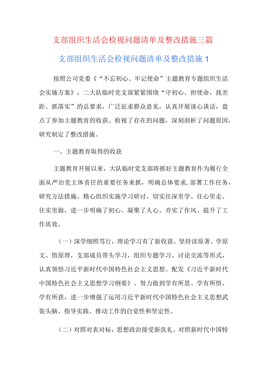 支部组织生活会检视问题清单及整改措施三篇.docx_第1页