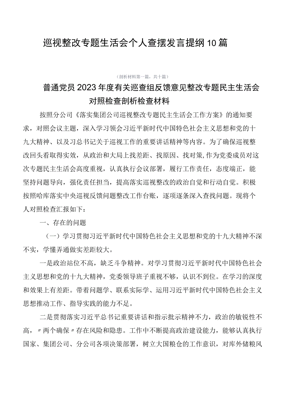 巡视整改专题生活会个人查摆发言提纲10篇.docx_第1页