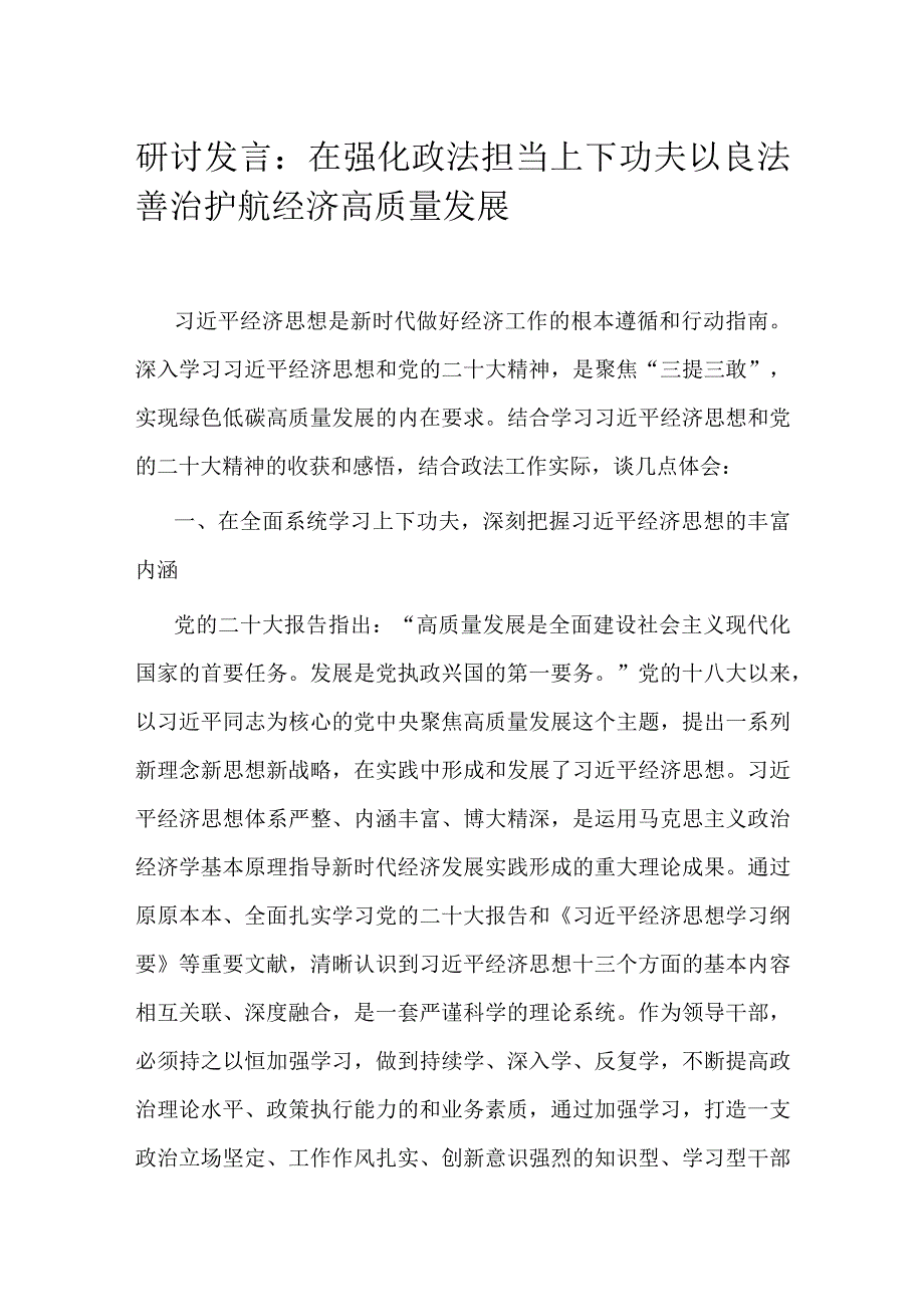 研讨发言：在强化政法担当上下功夫 以良法善治护航经济高质量发展.docx_第1页