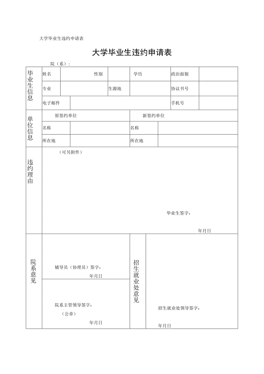 大学毕业生违约申请表.docx_第1页