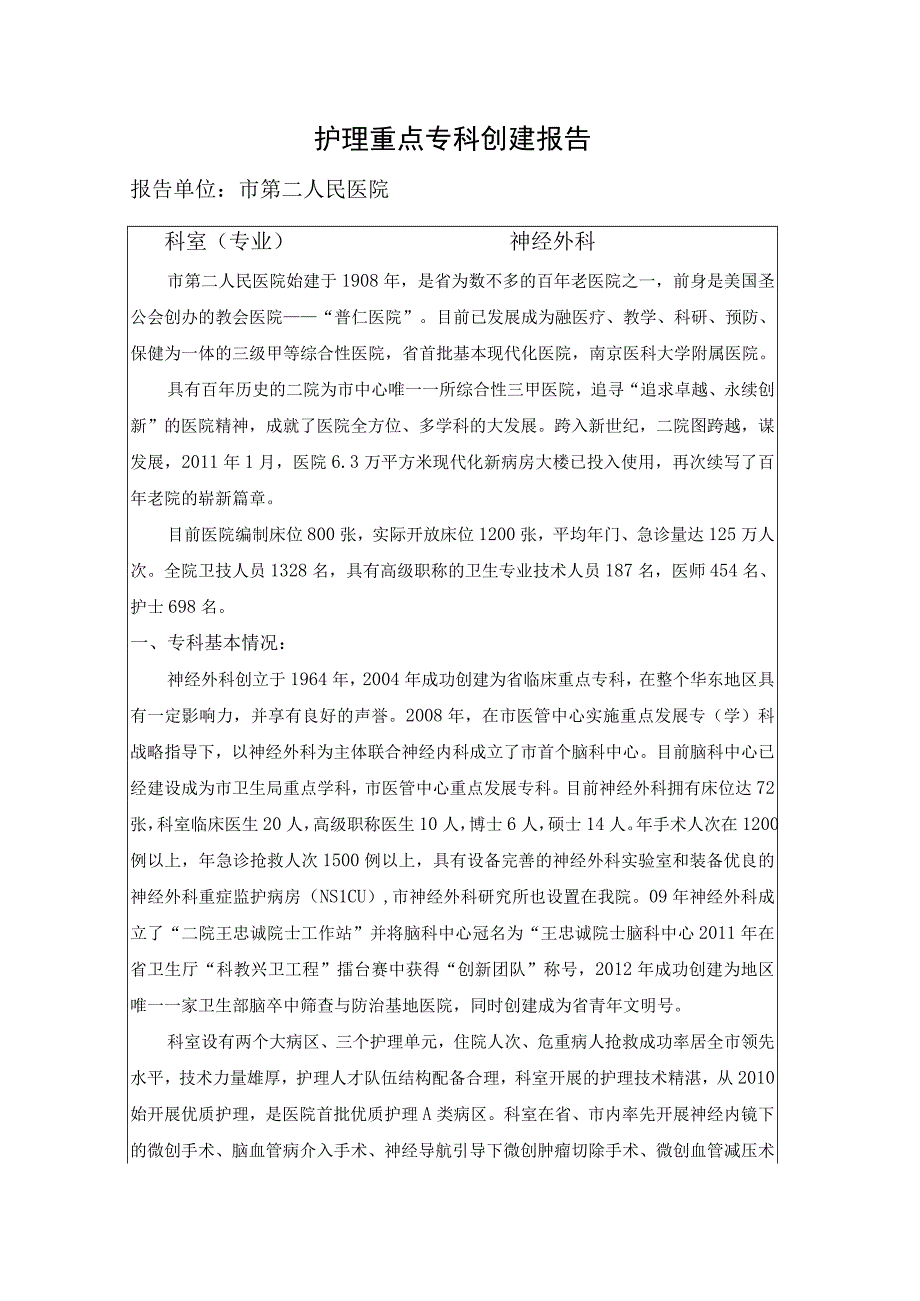 神经外科护理重点专科创建报告.docx_第1页